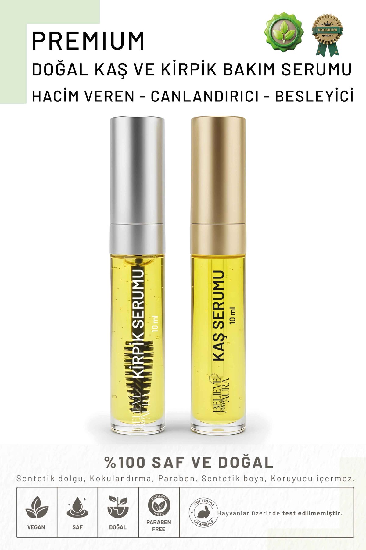 Believe Your Aura Kaş ve Kirpik Serumu - Argan ve Biberiye Yağlı E Vitaminli Doğal Kaş ve Kirpik Bakım Yağı - 2x10 ml