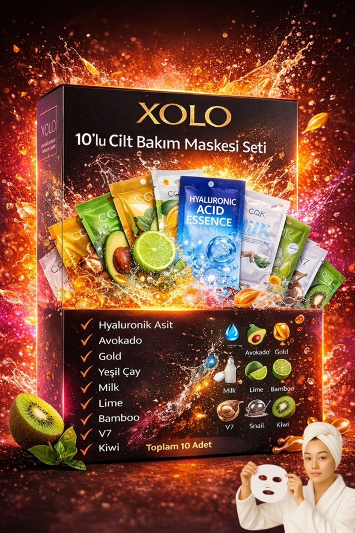 xolo 10’lu Kağıt Yüz Maskesi Seti Neon Enerjik Cilt Bakım Deneyimi Starter Box 10*30ML