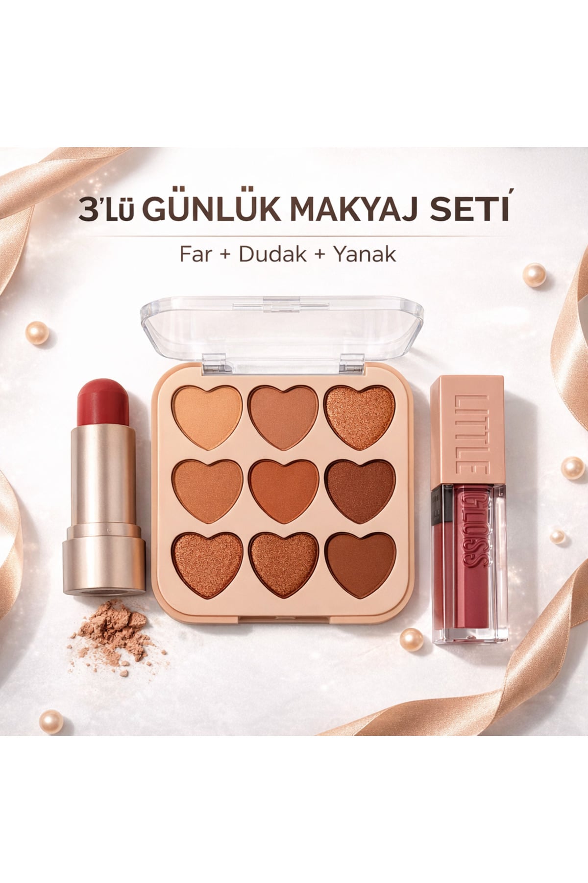 Sudedi Home 3’lü Günlük Makyaj Seti Nude Far Paleti + Stick Allık + Dudak Parlatıcı Başlangıç Kozmetik Set