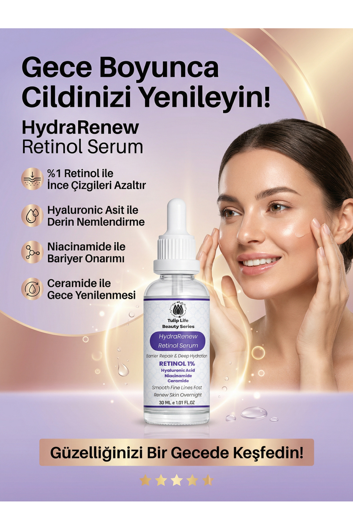 tulip life HydraRenew Retinol ve Hyaluronik Asit, Niasinamid, Seramid Bariyer Onarıcı &Nemlendirici Serum 30 ml