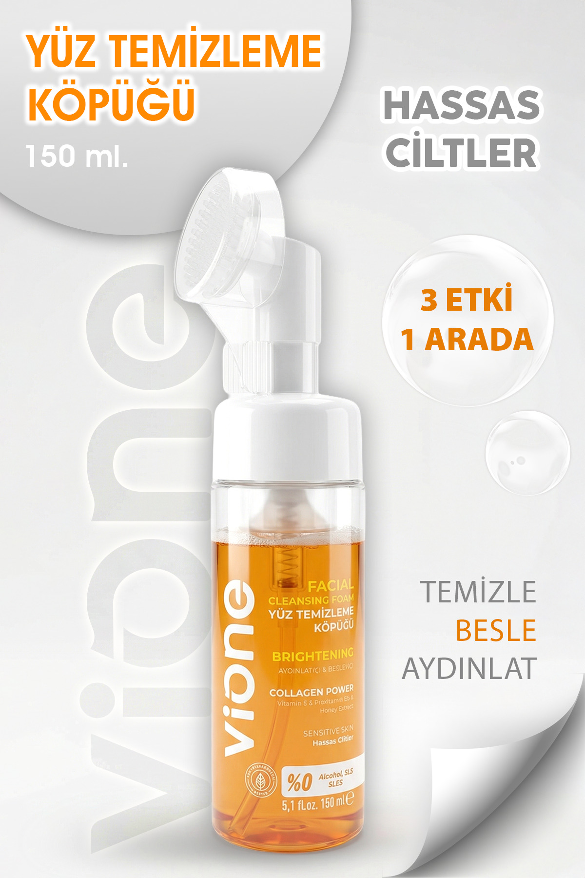 vione Kolajenli Yüz Temizleme Köpüğü Hassas Ciltler İçin Aydınlatıcı Besleyici Masaj Başlıklı 150ml