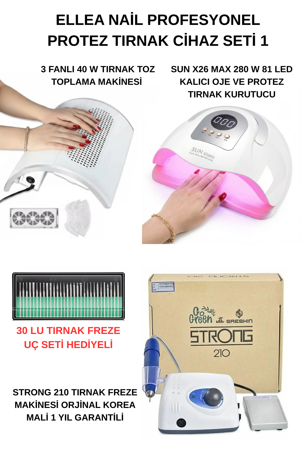 ELLEA NAIL Protez Tırnak Cihaz Seti Strong 210 Freze Cihazı & 3 Motorlu Tırnak Toz Toplama & Sun X26 UV 81 LED