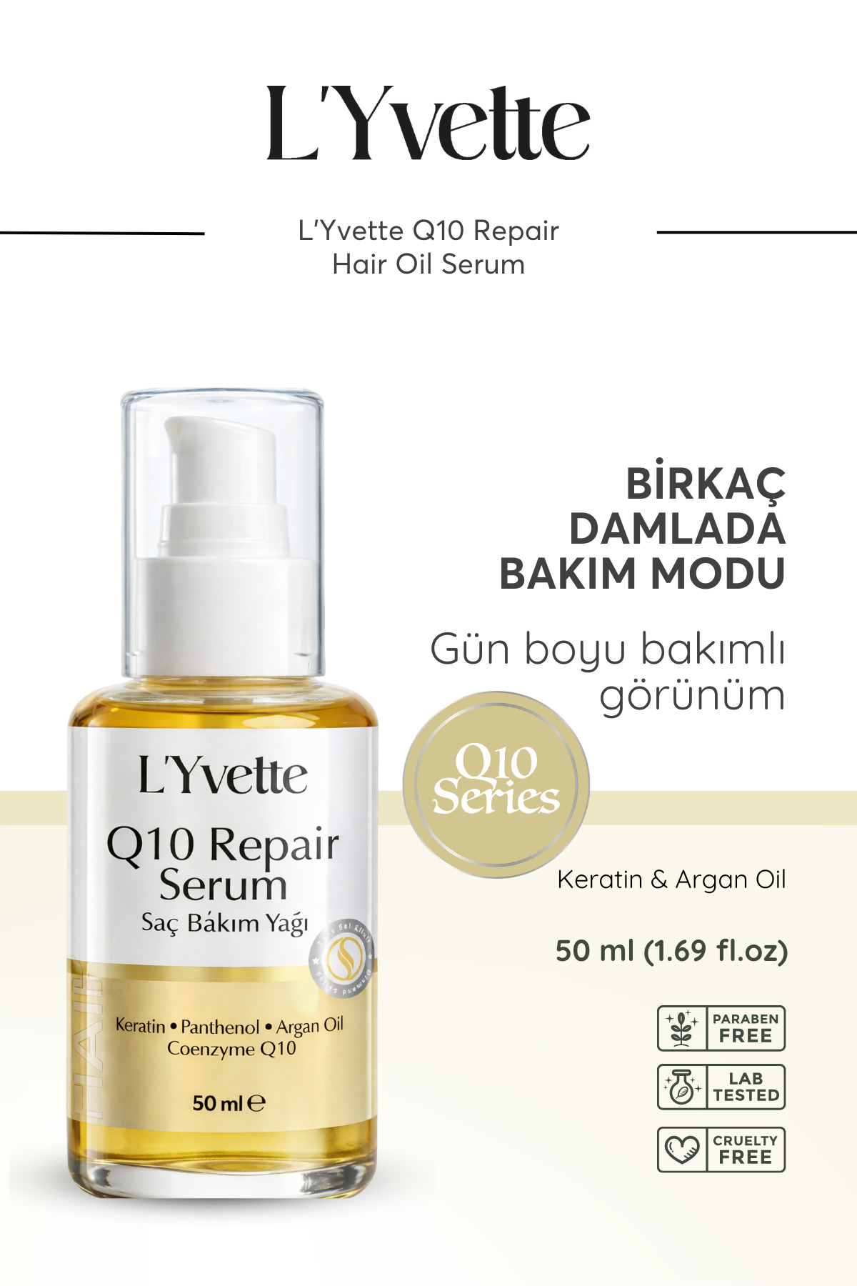 L'Yvette Yavaş Uzayan, Yıpranmış Saçlar için Q10, Keratin & Argan Yağı İçeren Yoğun Onarıcı Saç Bakım Serumu