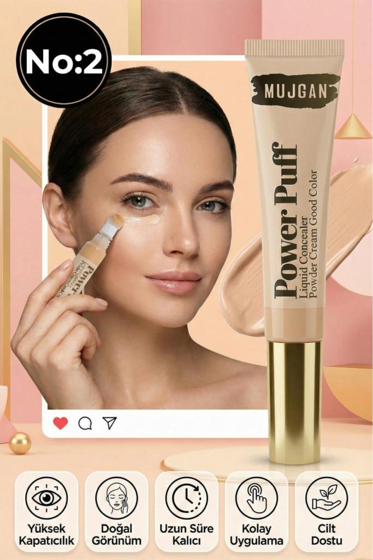 MUJGAN Power Puff Sünger Uçlu Likit Kapatıcı– Yüksek Kapatıcılık, Doğal Görünüm NO:2