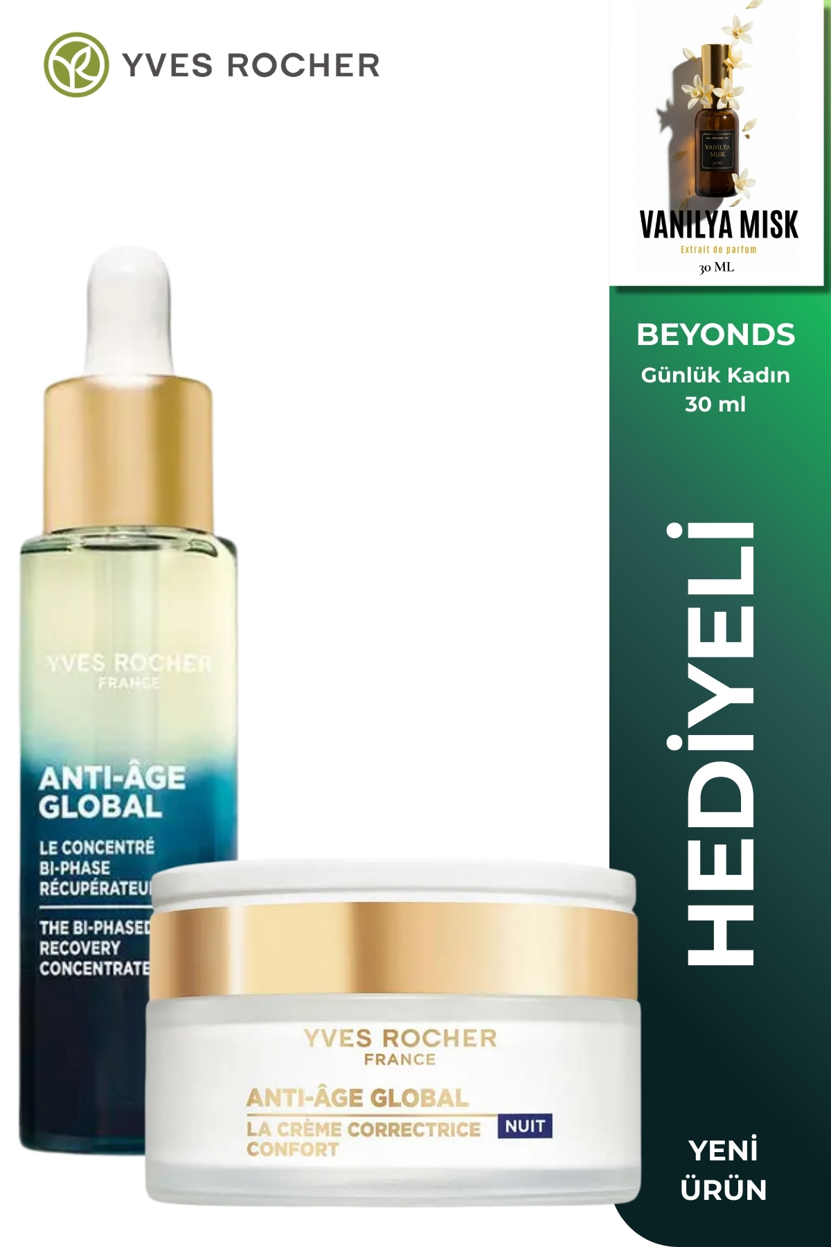 Yves Rocher Gece Nemlendirici Rutin Seti Yenileyici Yaşlanma Karşıtı Serum + Gece Kremi