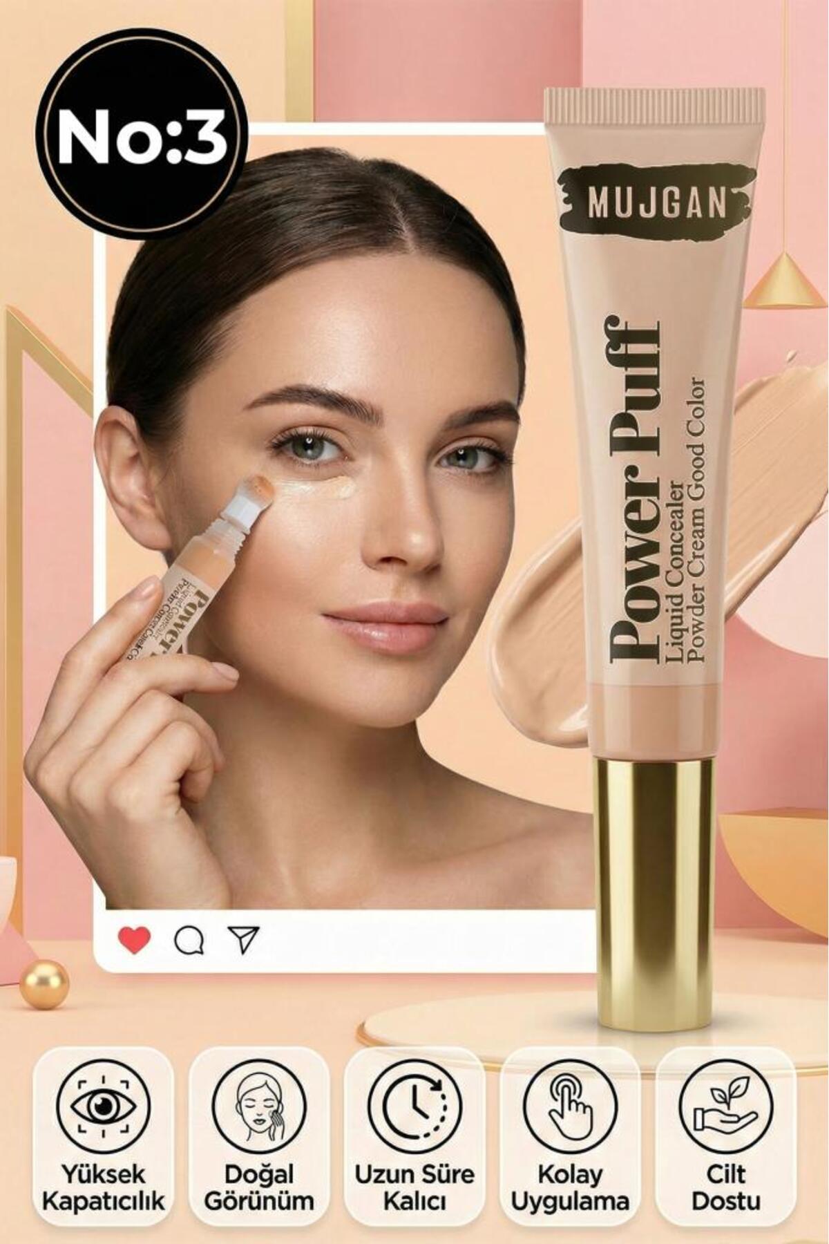 MUJGAN Power Puff Sünger Uçlu Likit Kapatıcı– Yüksek Kapatıcılık, Doğal Görünüm