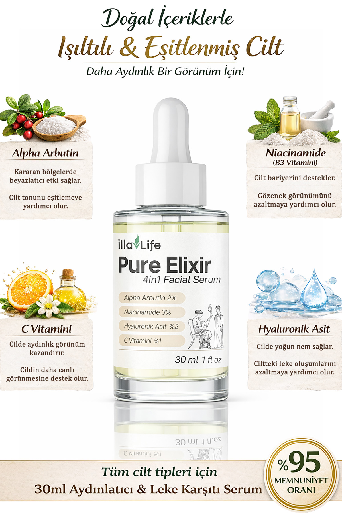 İlla Life 4in1 Pure Elixir Serum Beyazlatıcı Aydınlatıcı Leke Karşıtı Serum Ampül Arbutin ve Niacinamide Özlü