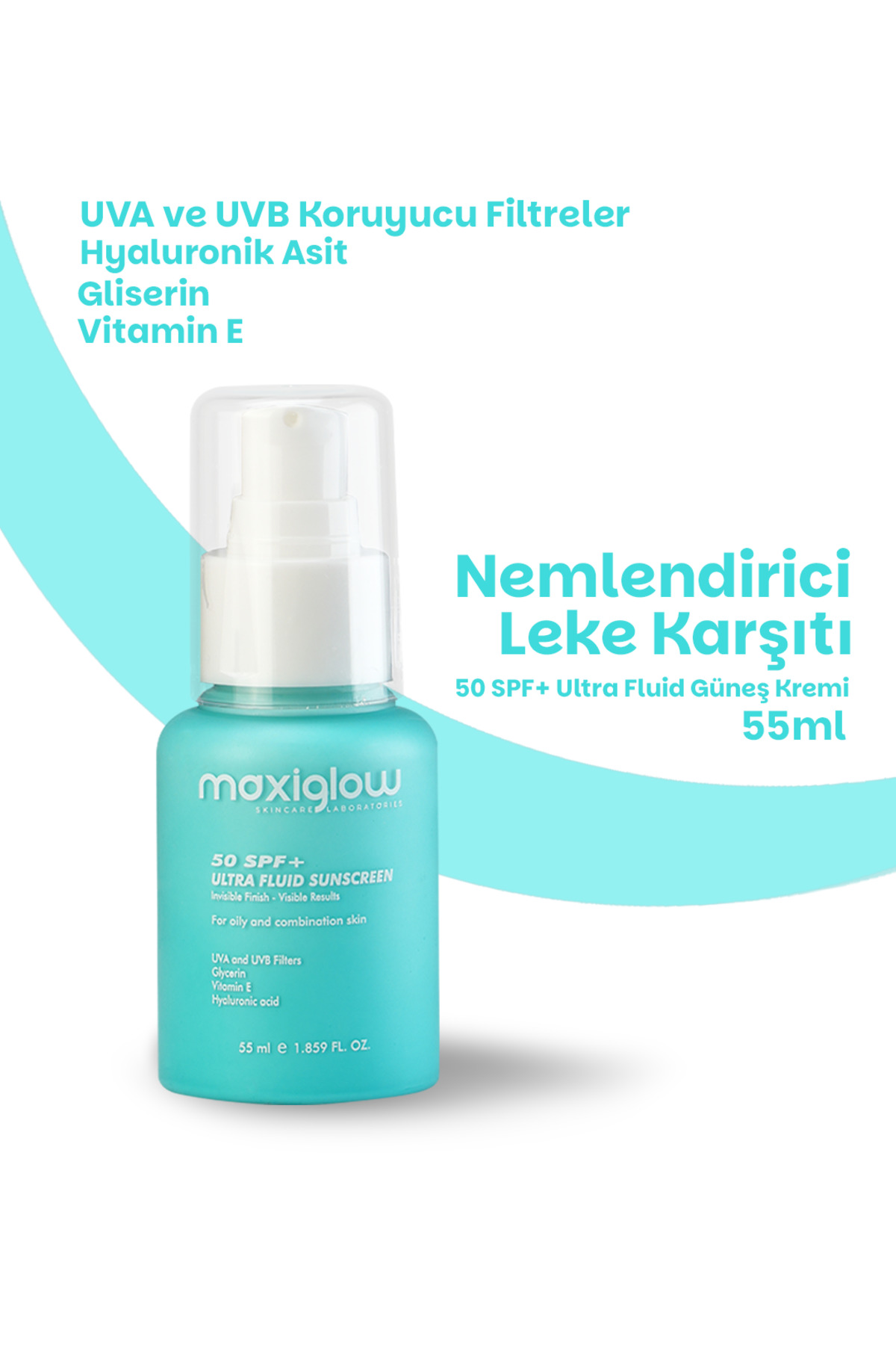 MaxiGlow 50SPF+ Ultra Fluid Yüz Güneş Koruyucu Krem, Leke karşıtı, Nemlendirici, yağlı ve karma ciltler için