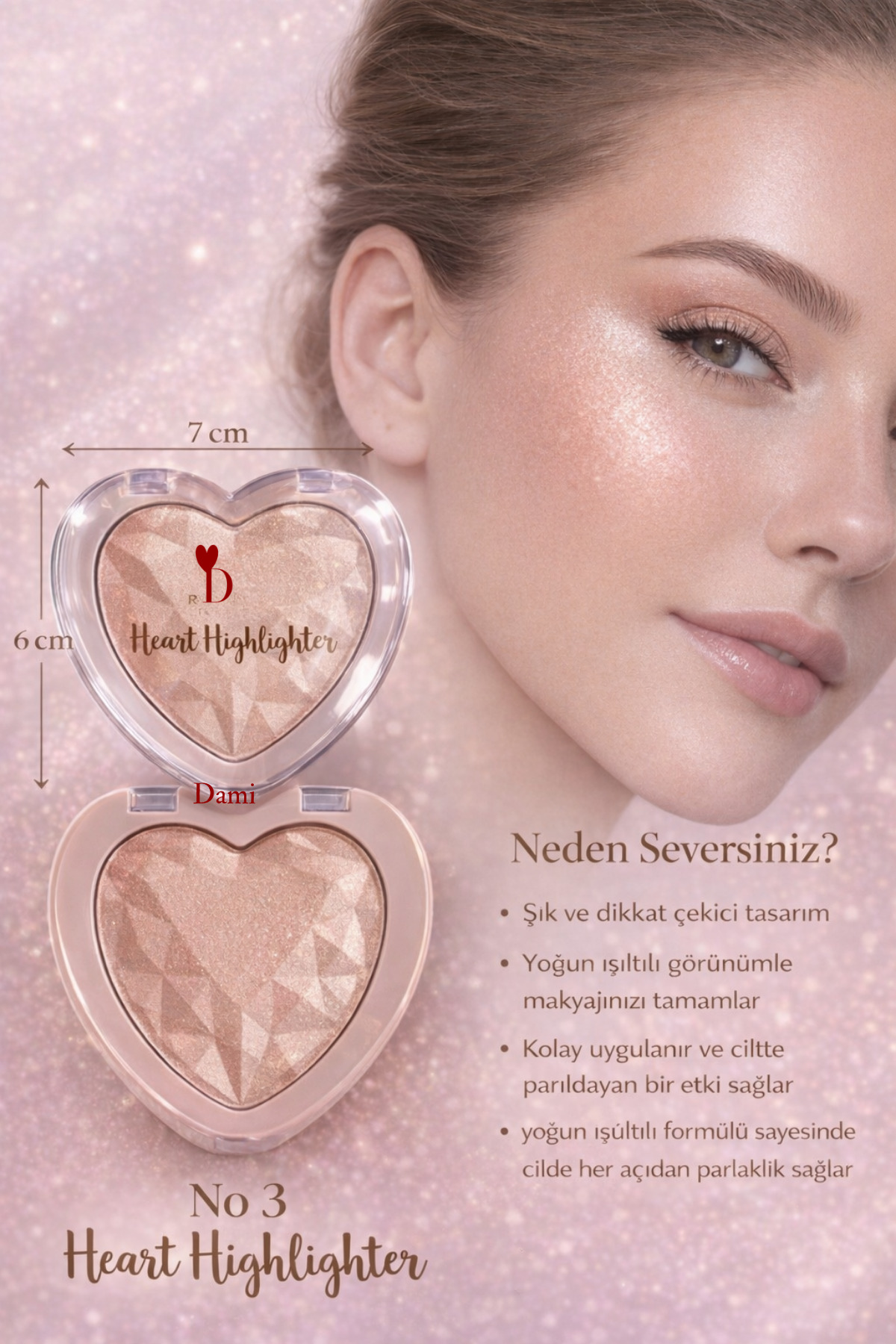 DAMİ Kalpli Highlighter 3D Elmas Dokulu Yoğun Parlaklık Veren Aydınlatıcı Paleti No:3