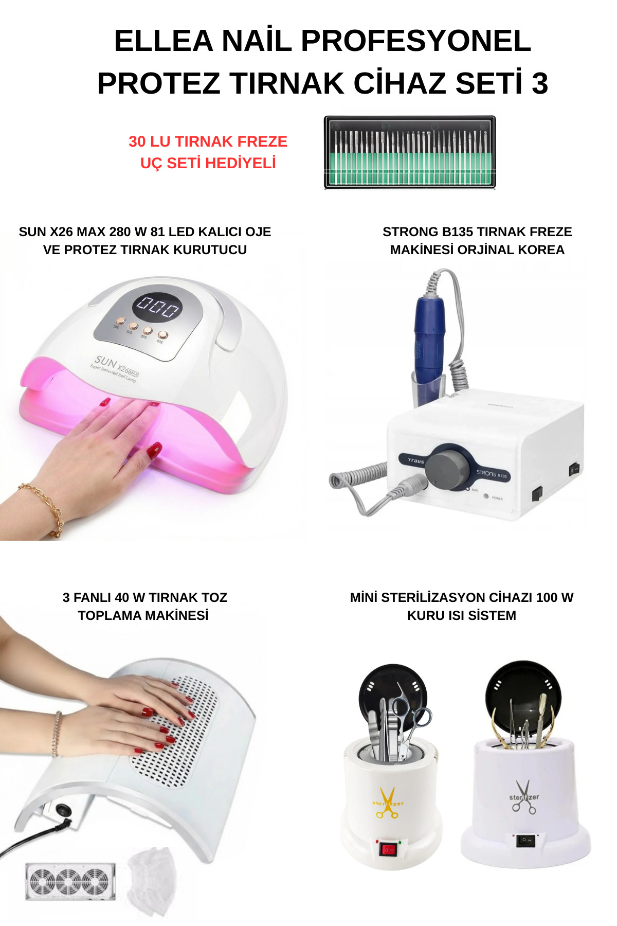 Strong Protez Tırnak Cihaz Seti B135 & Tırnak Toz Toplama & x26 Max UV 81 LED & Mini Sterilizatör