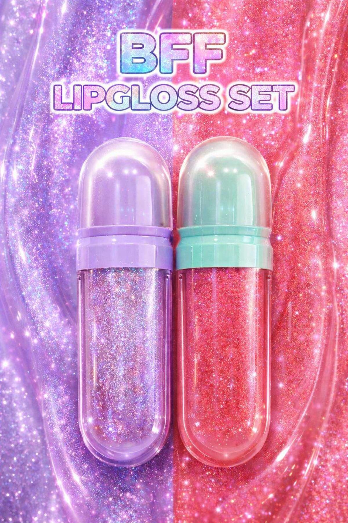 NUNUKO 2'li Simli Pembe ve Mor BFF Lip Gloss Seti - 2'li Simli Pembe ve Mor Dudak Parlatıcısı Set