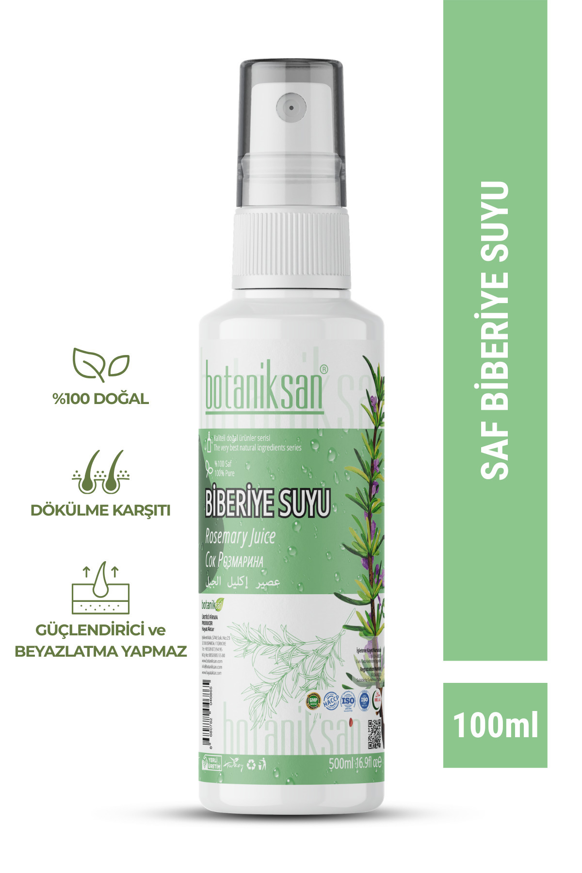 botaniksan %100 Saf Biberiye Suyu - Hızlı Saç Uzatma ve Dökülme Karşıtı Bakım Toniği 100 ml