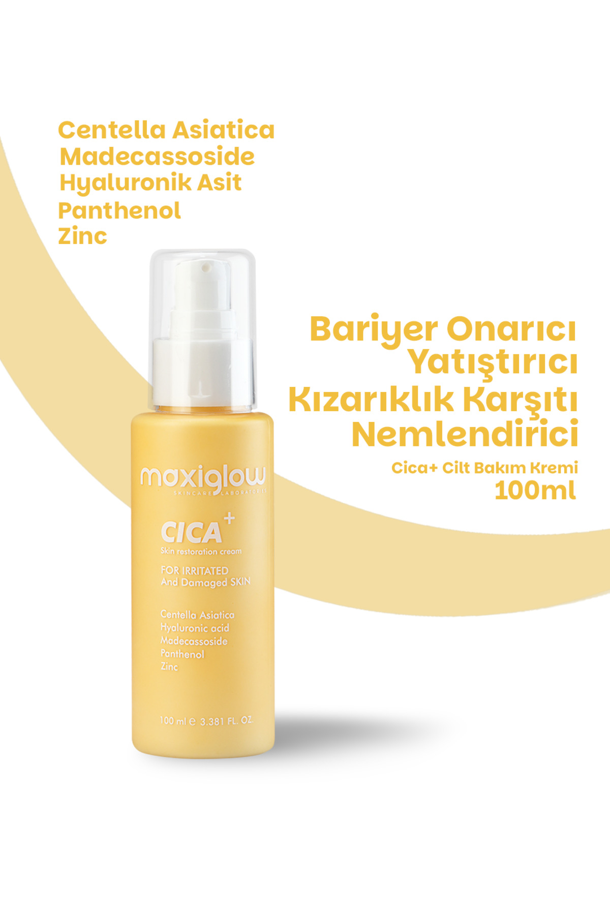 MaxiGlow Cica cilt bakım kremi, Bariyer onarıcı kızarıklık karşıtı nemlendirici Centella, Madecassoside 100ml