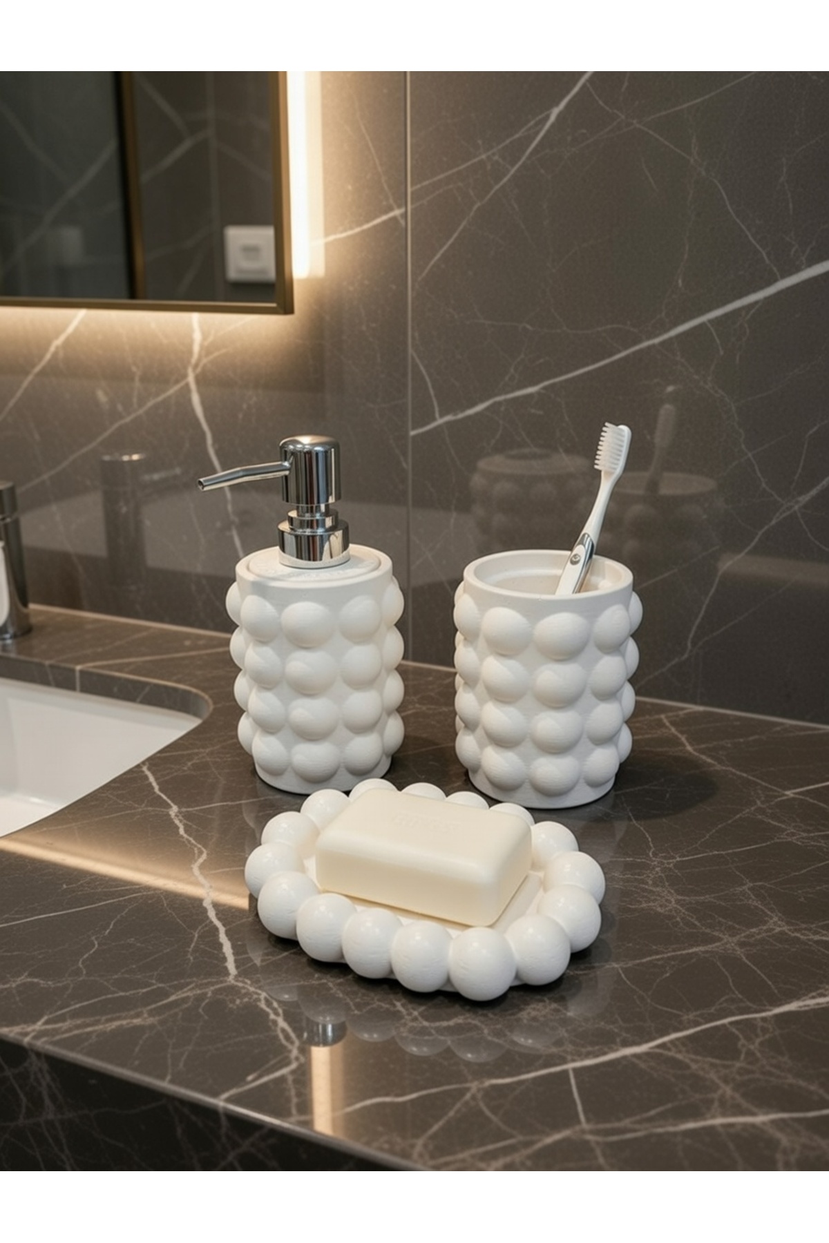TORNADO DİZAYN Bubble Banyo Seti 3 lü Set Sıvı Sabunluk, Diş Fırçalık, Katı Sabunluk