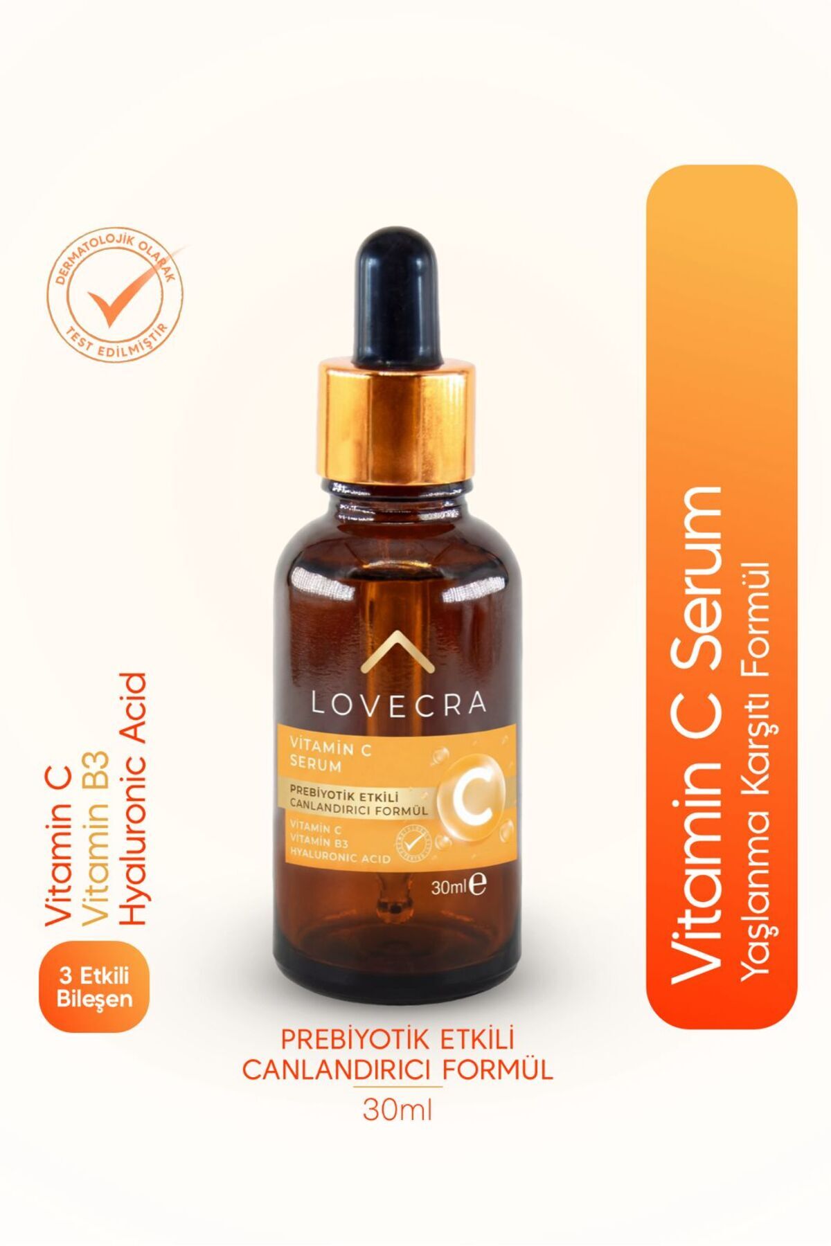 LOVECRA Vitamin C Serum B3 Vitamini Hyaluronic Acid Aydınlatıcı Nemlendirici Günlük Cilt Serumu 30 ml
