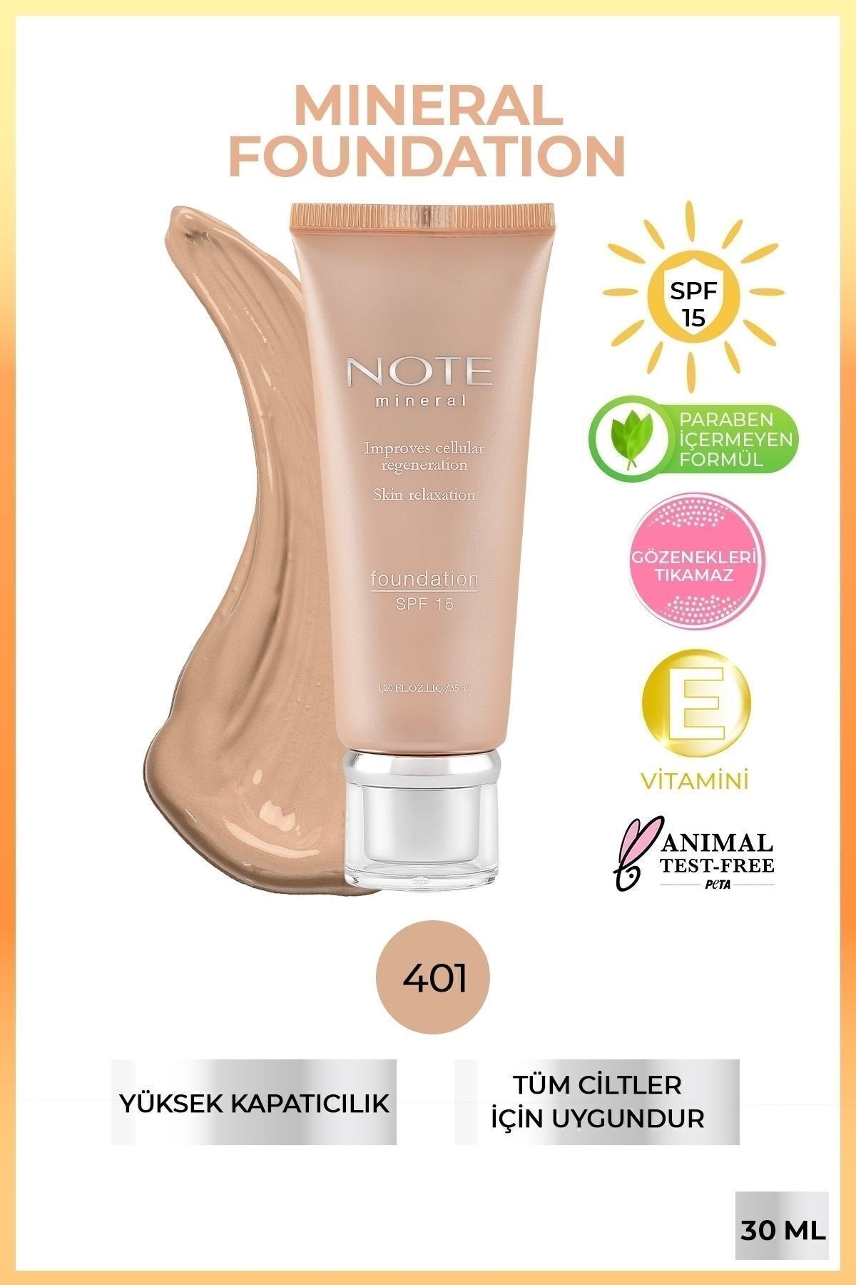 NOTE Mineral Foundation Spf 15 Yoğun Kapatıcı Saten Bitişli Fondöten - 401 Açık