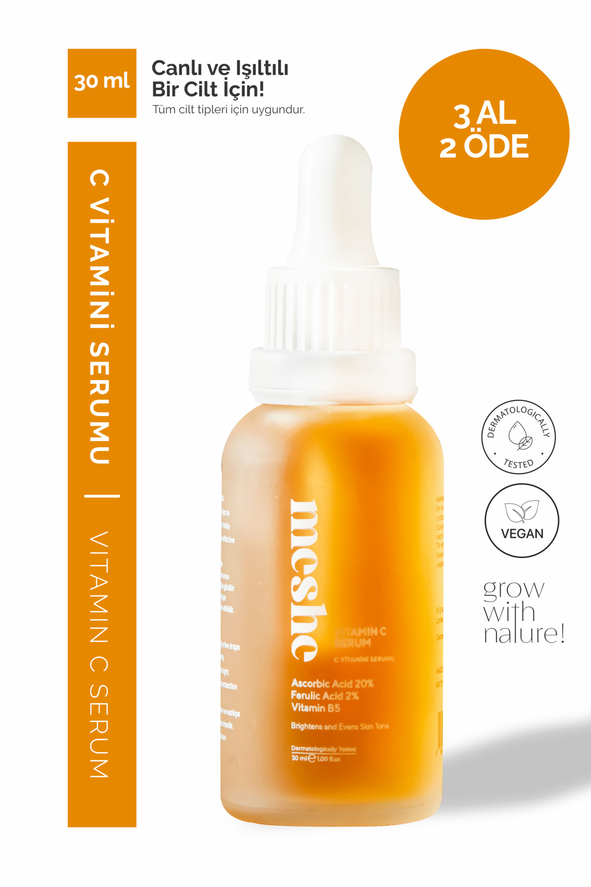 Meshe Leke Karşıtı Aydınlatıcı Vitamin C Serum Glutatyon, Ferulic Asit, %20 Ascorbic Asit 30 ml