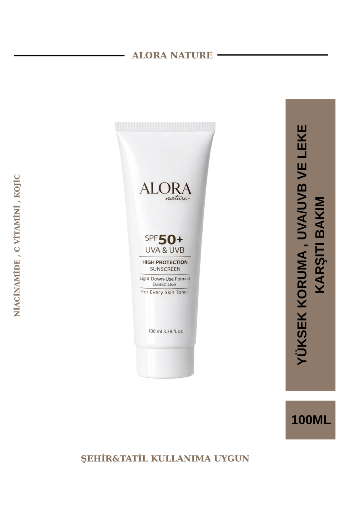 ALORA Nature SPF 50+ UVA UVB Yüksek Koruma Güneş Kremi 100 ml – Leke Karşıtı Destek