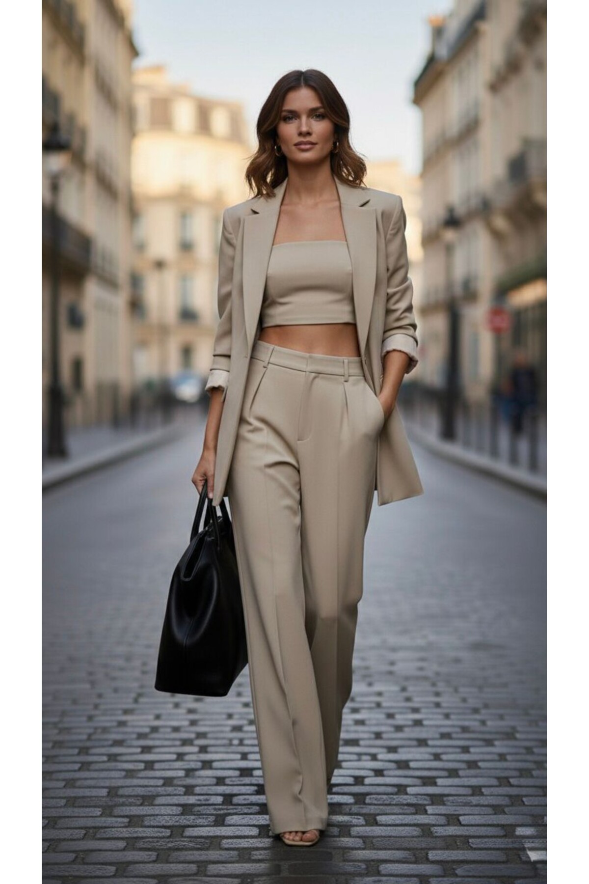 SİBELİZE Bol Paça Yüksek Bel Kadın Plazzo Pantalon Krem