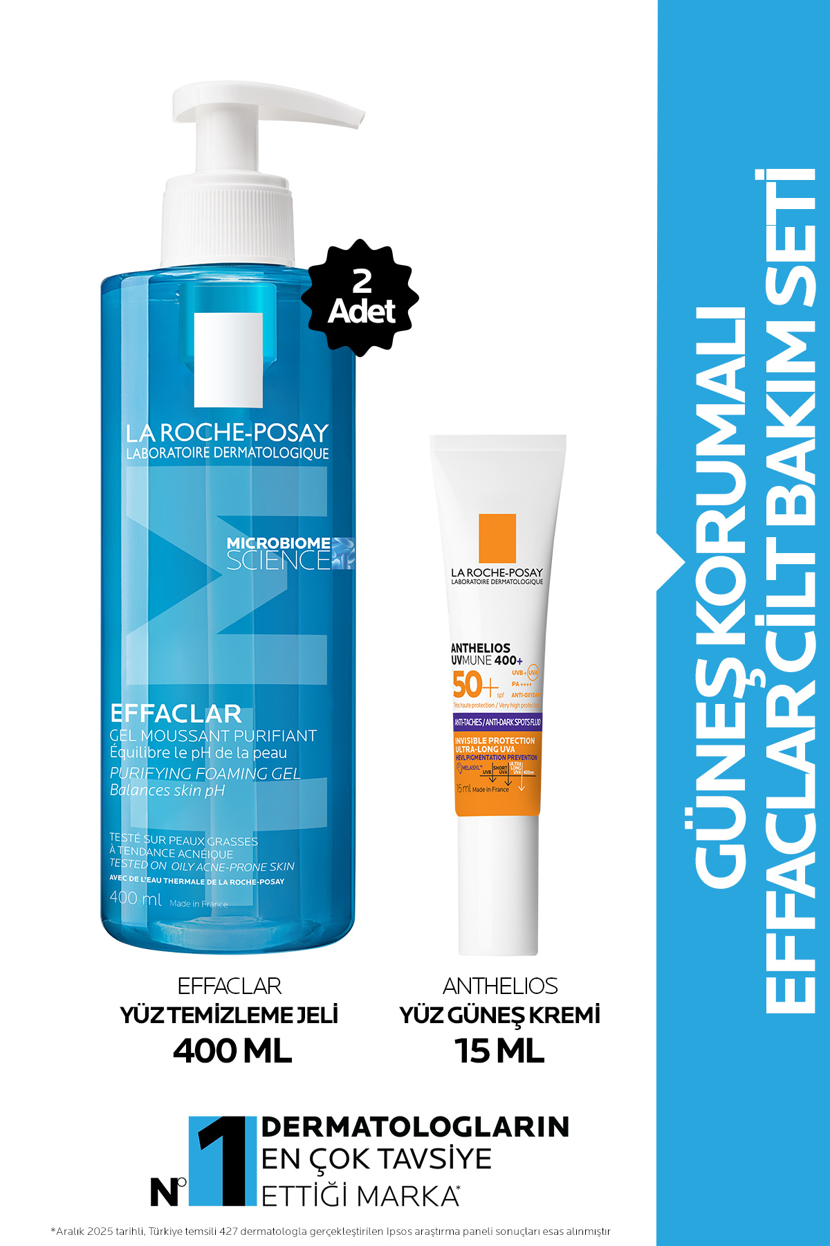 La Roche Posay Güneş Korumalı Effaclar Cilt Bakım Seti: Effaclar Yüz Temizleyici 400mlX2 & Anthelios Fluid 15ml