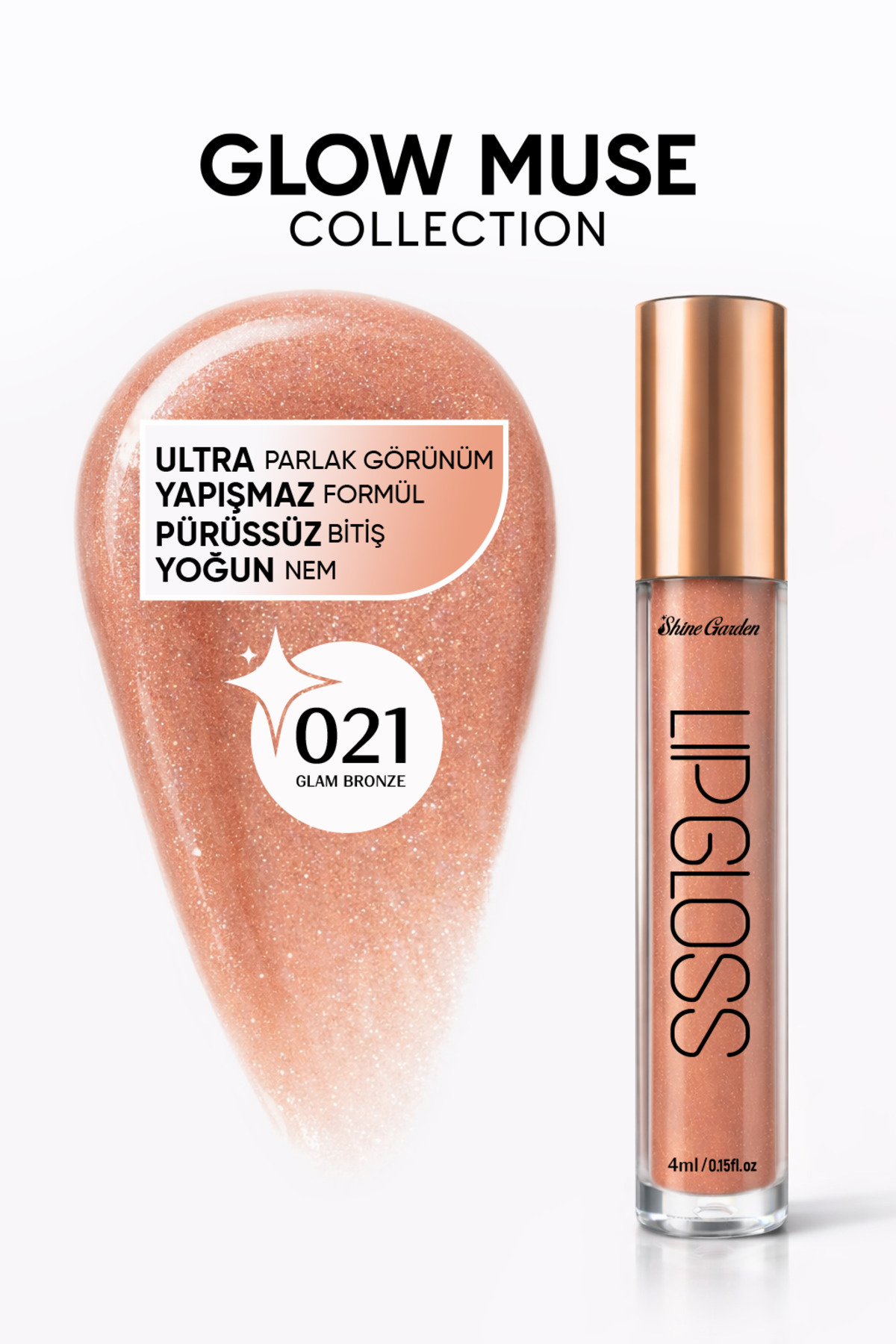 Shine Garden Glam Bronze | Bakır & Bronze Işıltılı Lip Gloss - Ultra Parlak, Yoğun Nem & Yapışmaz Formül