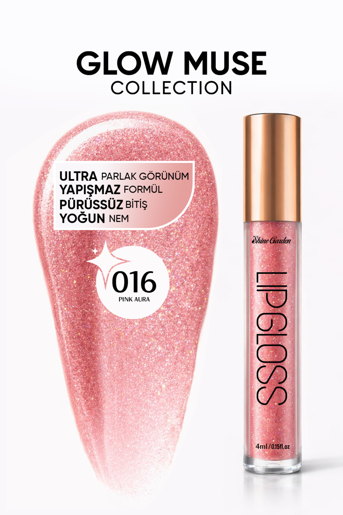 Shine Garden Pink Aura | Baby Pink Işıltılı Lip Gloss - Ultra Parlak, Yoğun Nem & Yapışmaz Formül