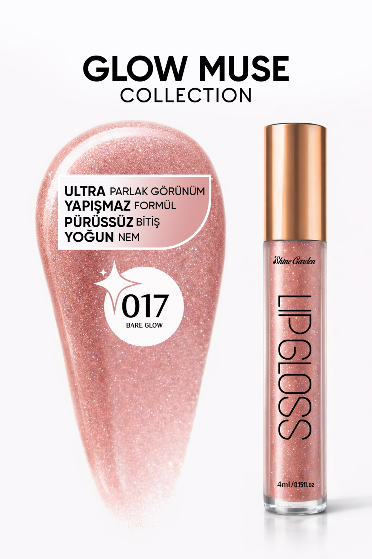 Shine Garden Bare Glow | Nude Işıltılı Lip Gloss - Ultra Parlak, Yoğun Nem & Yapışmaz Formül