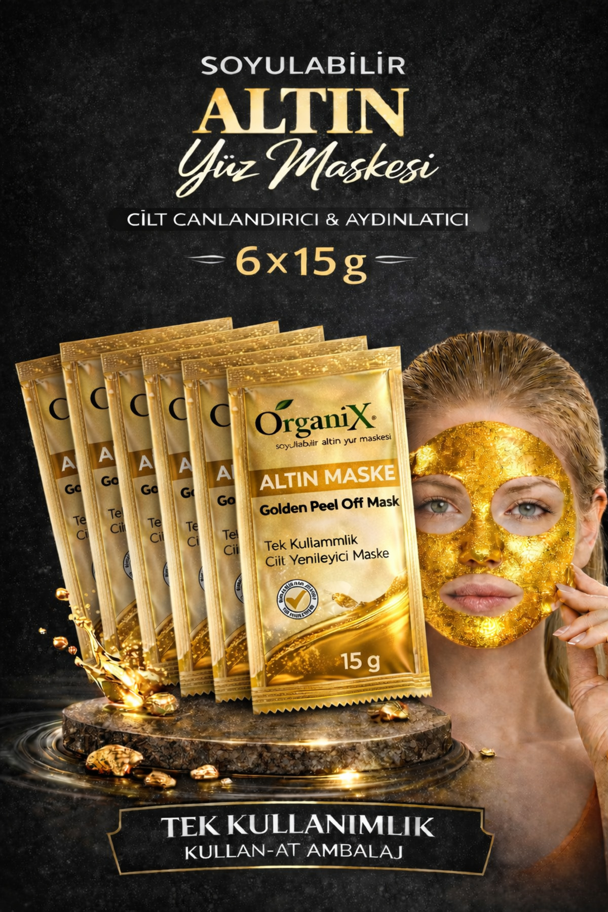 Organix Tek Kullanımlık Altın Maske - Cilt Yenileyici Soyulabilir Yüz Maskesi (6x15gr)