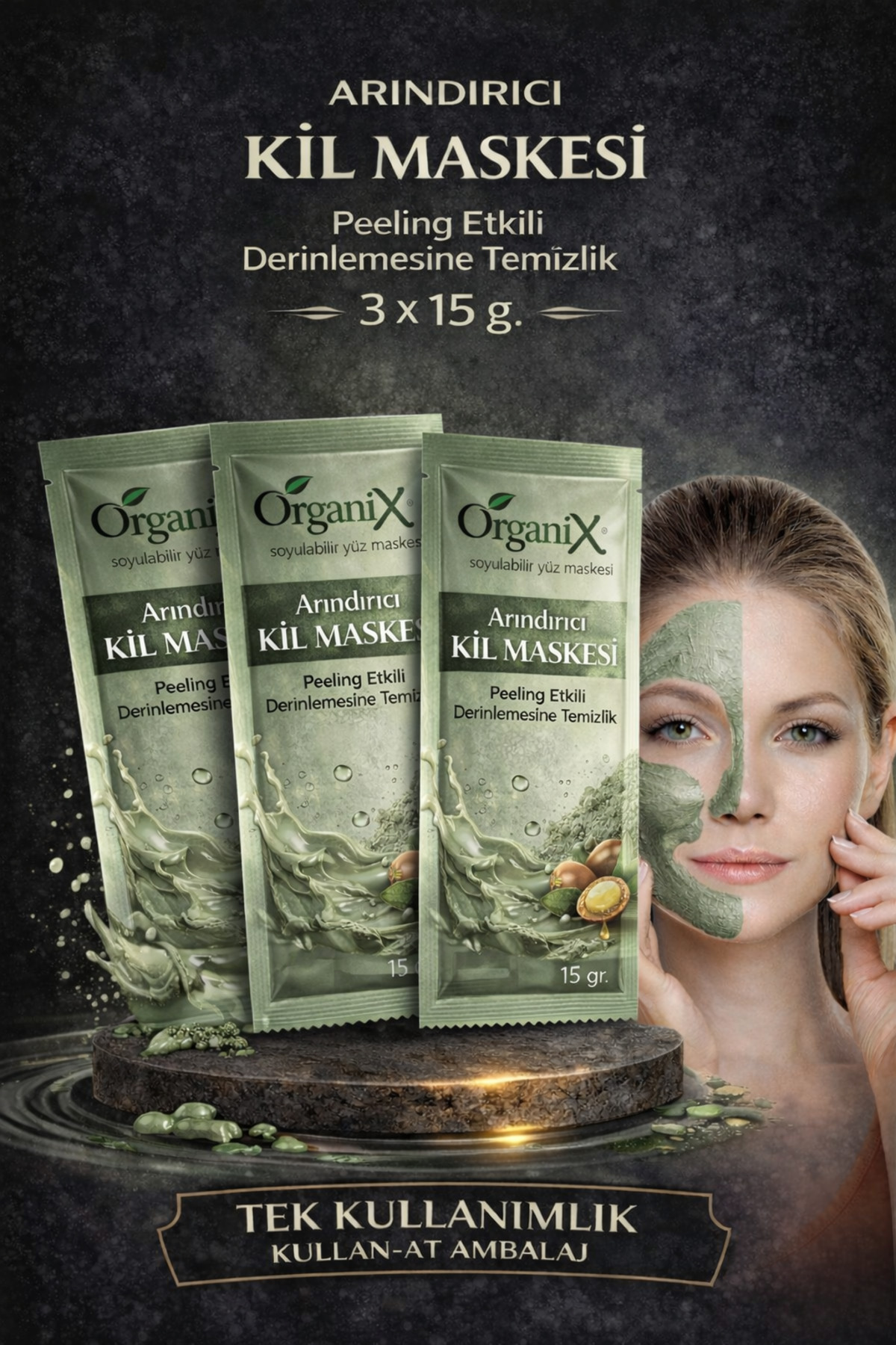 Organix Argan Yağı Özlü Kil Maskesi - Tek Kullanımlık - Cilt Yenileyici Yüz Maskesi (3x15gr)