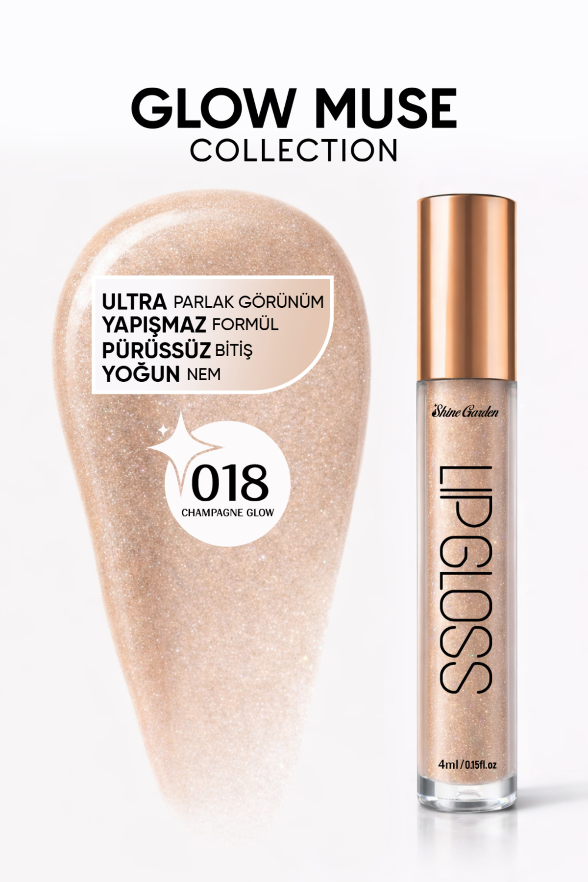 Shine Garden Champagne Glow | Şampanya Işıltılı Lip Gloss - Ultra Parlak, Yoğun Nem & Yapışmaz Formül
