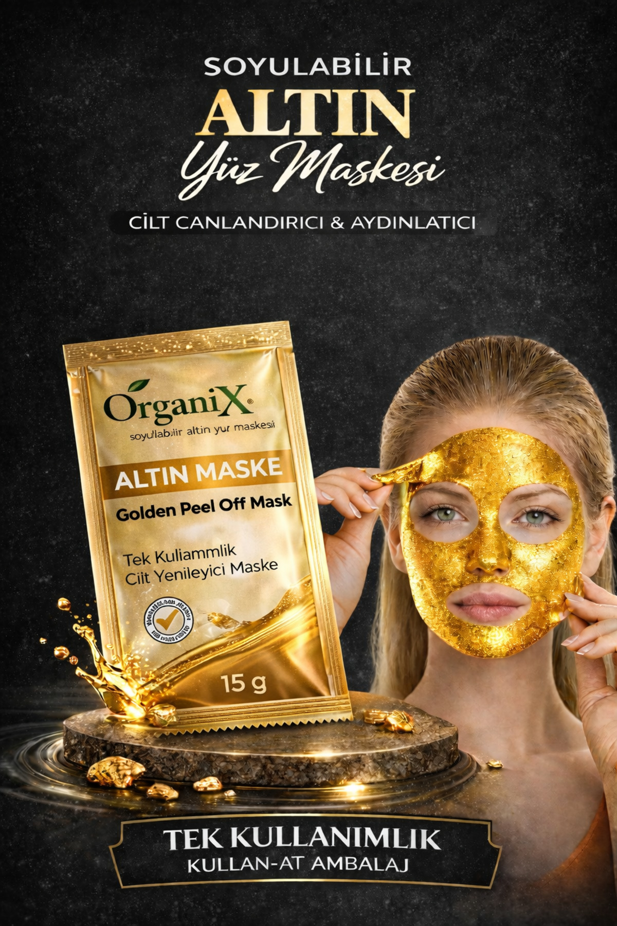 Organix Tek Kullanımlık Altın Maske - Cilt Yenileyici Soyulabilir Yüz Maskesi 15 gr
