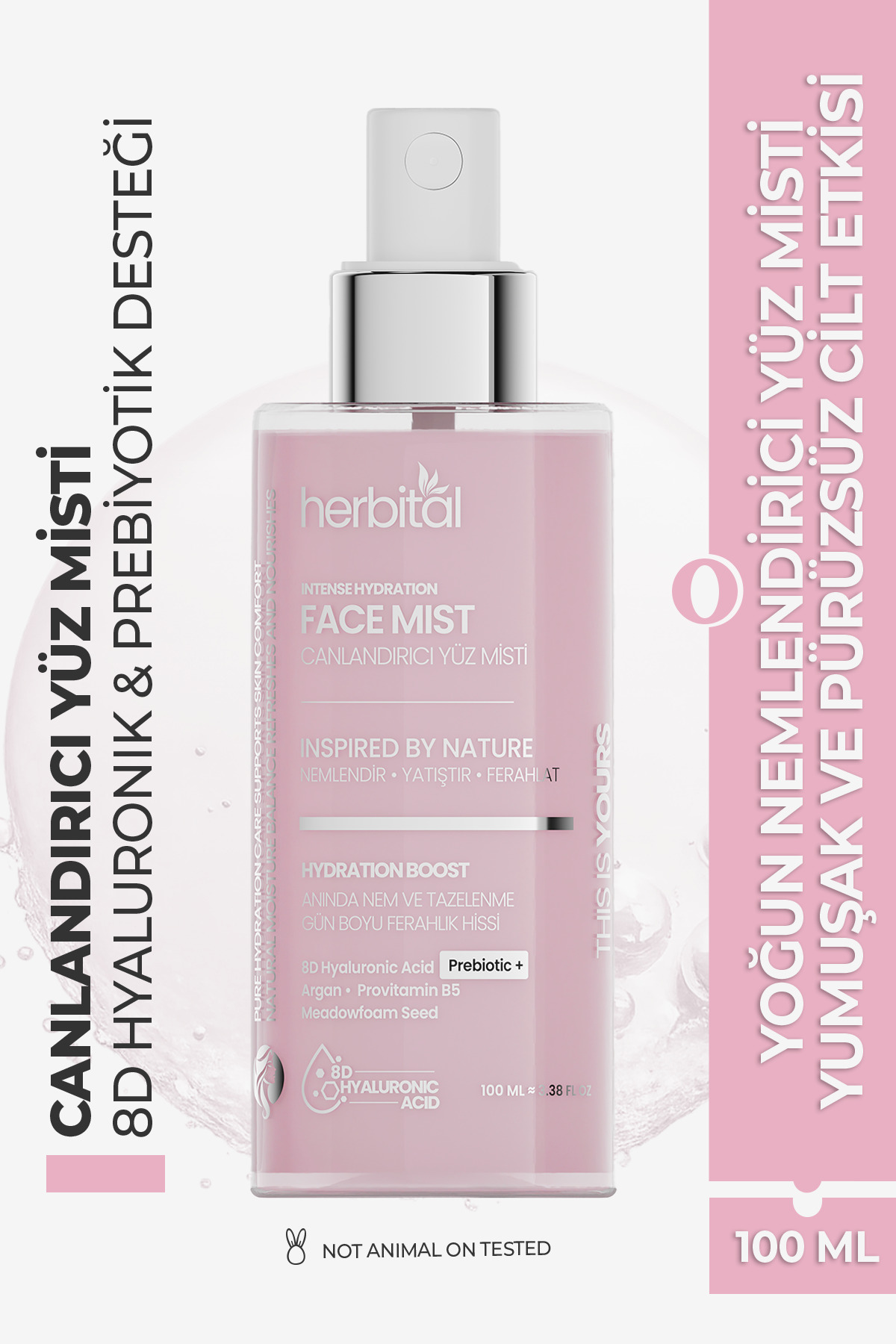 Herbital 8D Hyaluronik Asitli & Postbiyotikli Yüz Misti | Nemlendirici, Canlandırıcı ve Makyaj Sabitleyici