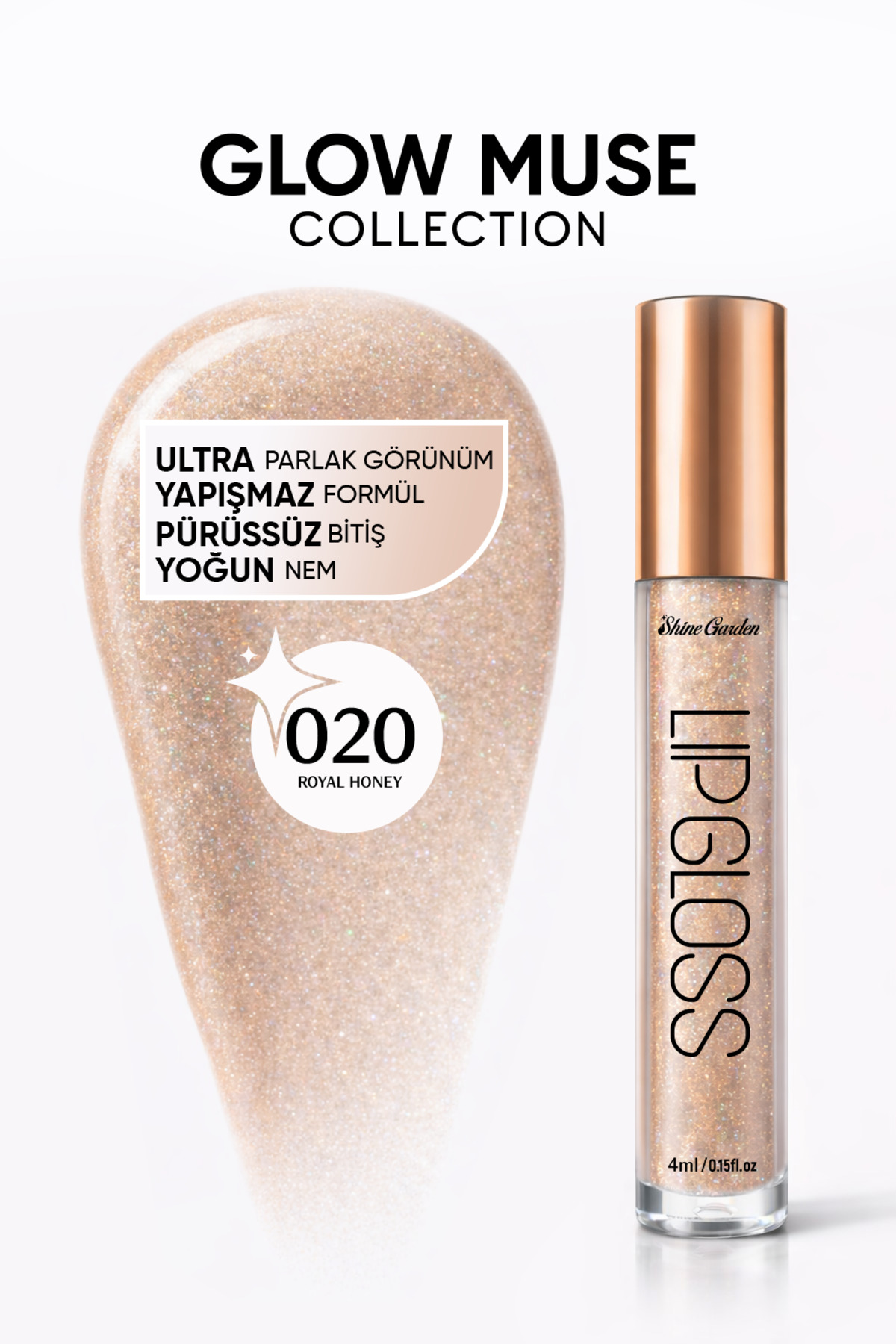 Shine Garden Royal Honey | Bal & Altın Işıltılı Lip Gloss - Ultra Parlak, Yoğun Nem & Yapışmaz Formül