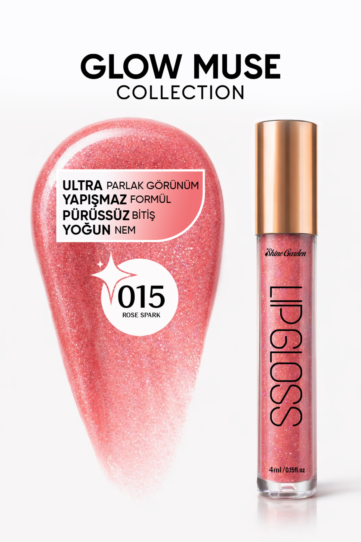 Shine Garden Rose Spark | Gül Pembesi Işıltılı Lip Gloss - Ultra Parlak, Yoğun Nem & Yapışmaz Formül
