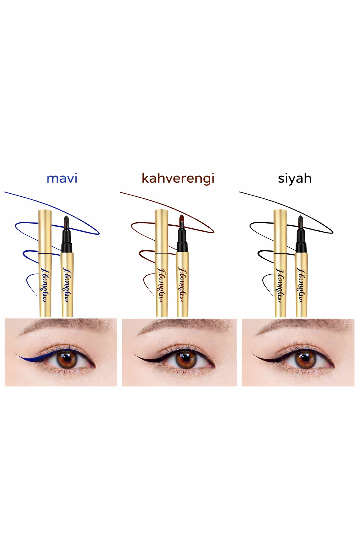 Floraglow Liquid Lines Likit Eyeliner – Siyah / Kahverengi / Mavi – 12 Saat Kalıcı, Waterproof 3 lü Renk Seti