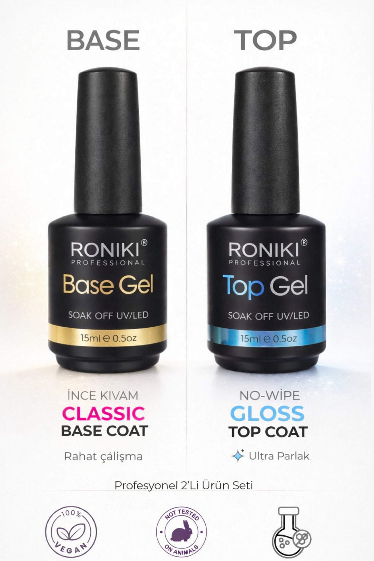 RONIKI Classic Base Coat + No-Wipe Gloss Top Coat 15 ml - İnce Kıvam & Ultra Parlak Profesyonel 2’li Set