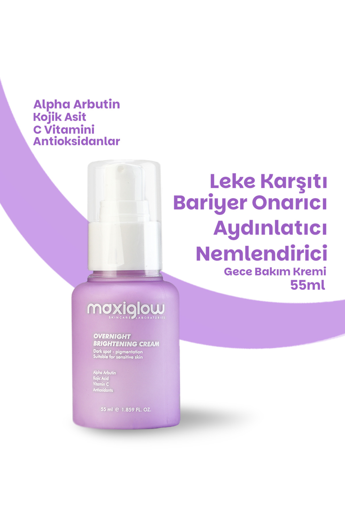 MaxiGlow Gece Bakım Kremi, Leke karşıtı onarıcı Aydınlatıcı Nemlendirici, Arbutin, Kojik Asit, C Vitamini