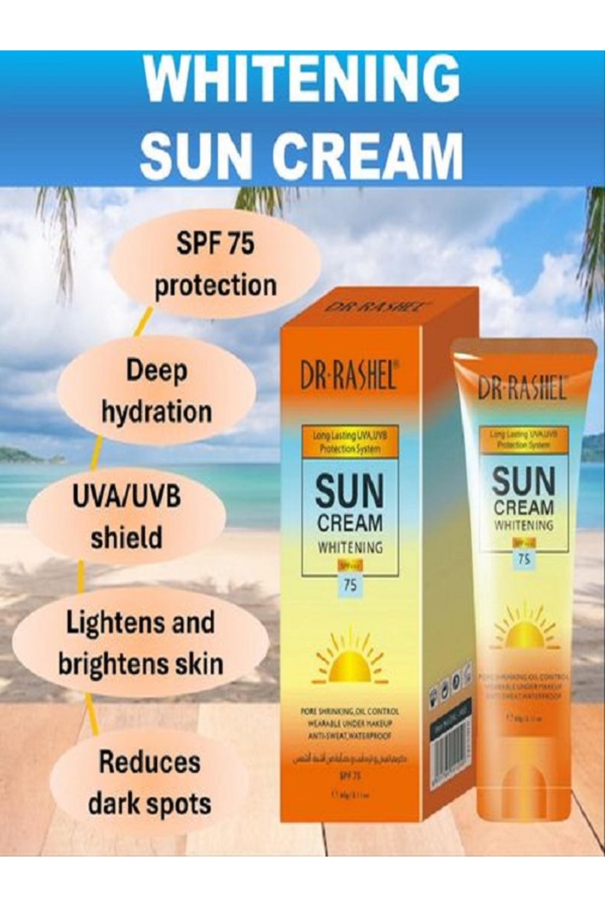 DR.RASHEL Yaşlanma karşıtı Güneş Kremi, Beyazlatıcı Güneş kremi, Makyaj Altına Baz Güneş Kremi Spf 75 60 ML