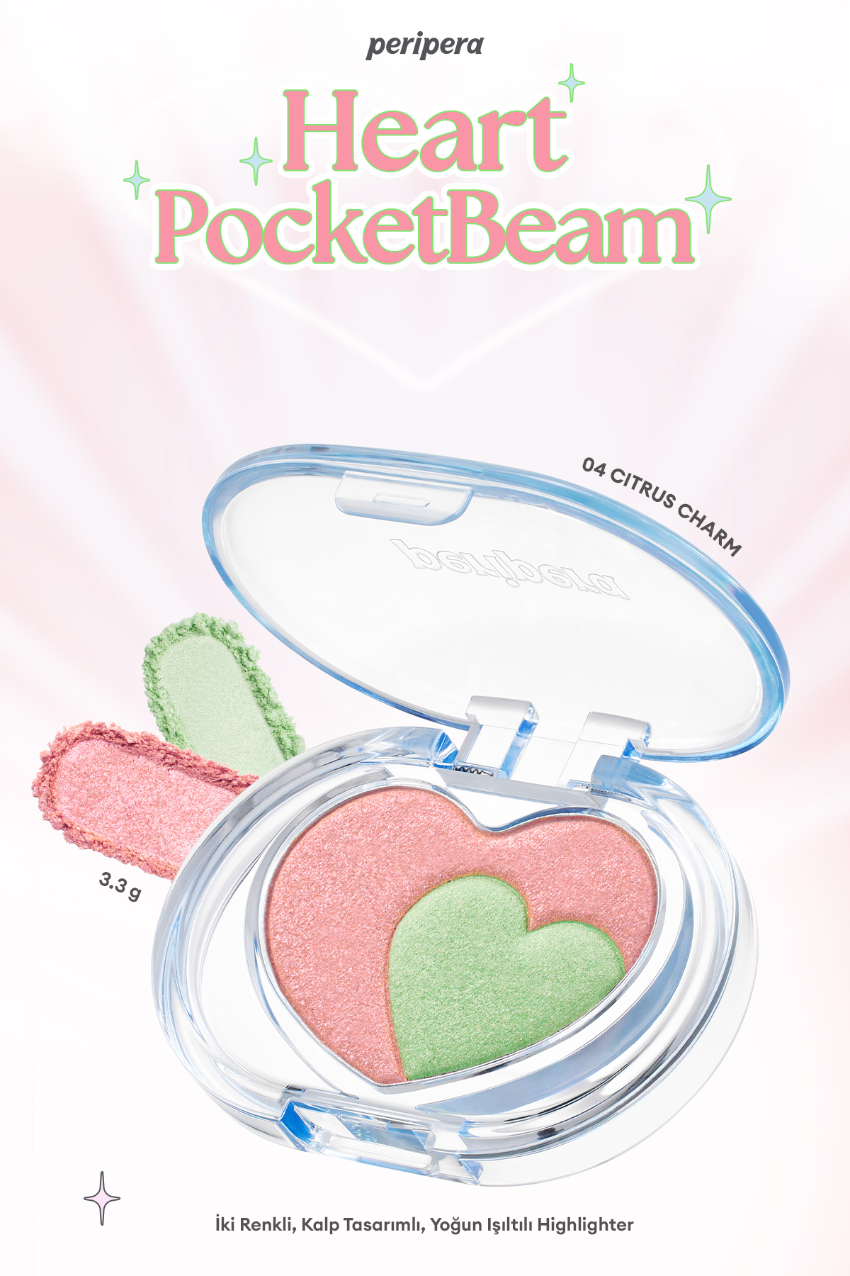 PERIPERA İki Renkli, Kalp Tasarımlı, Yoğun Işıltılı Highlighter Heart Pocketbeam (04 Citrus Charm)