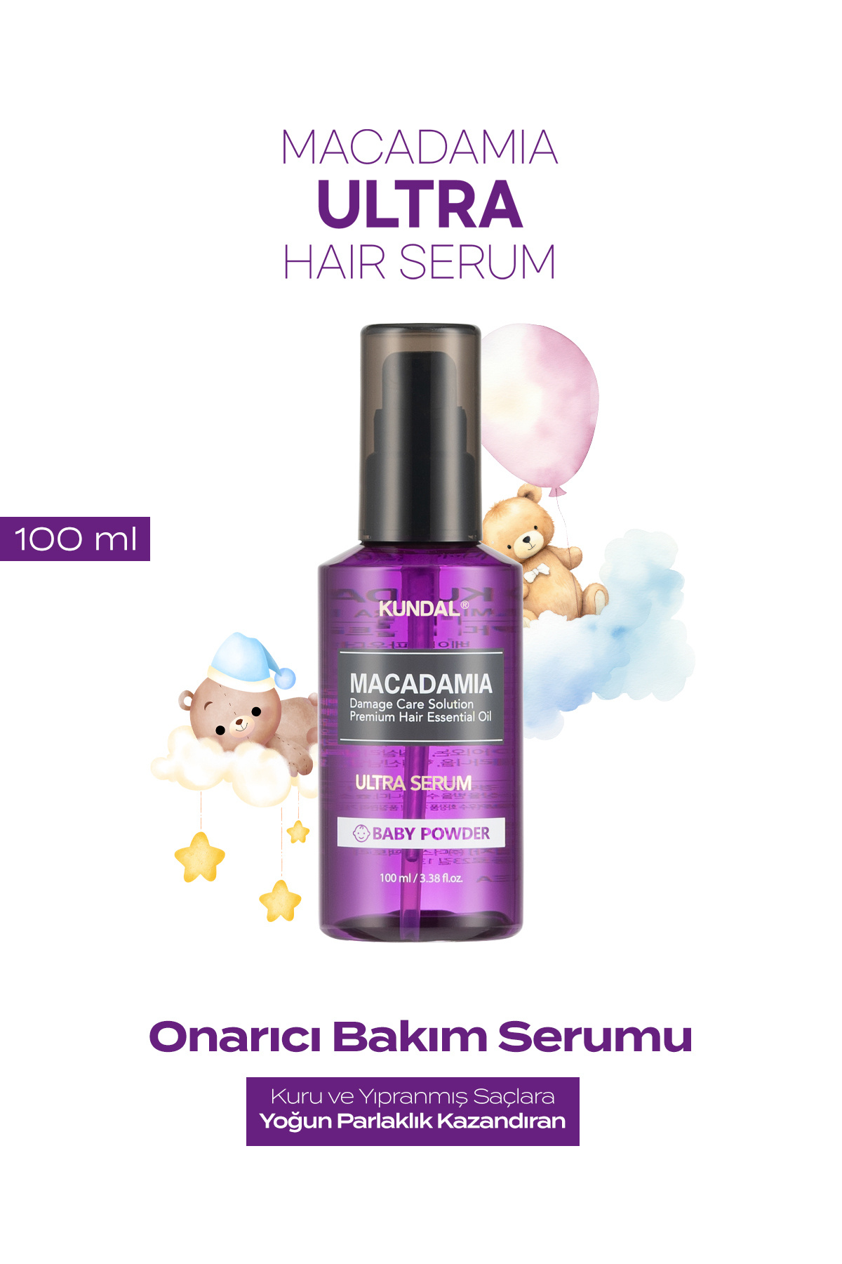 Kundal Yıpranmış Kuru Saçları Parlatan Onarıcı Serum Macadamia Ultra Hair Serum 100ml (Baby Powder)