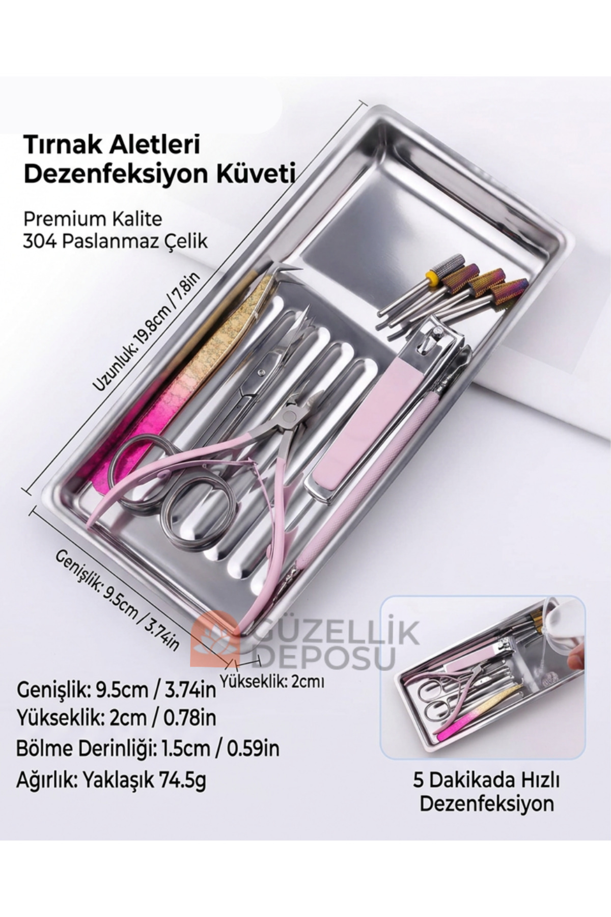 Güzellik Deposu 304 Paslanmaz Çelik Tırnak Aletleri Dezenfekte Tepsisi - 20 cm Steril Böbrek Küvet Metal
