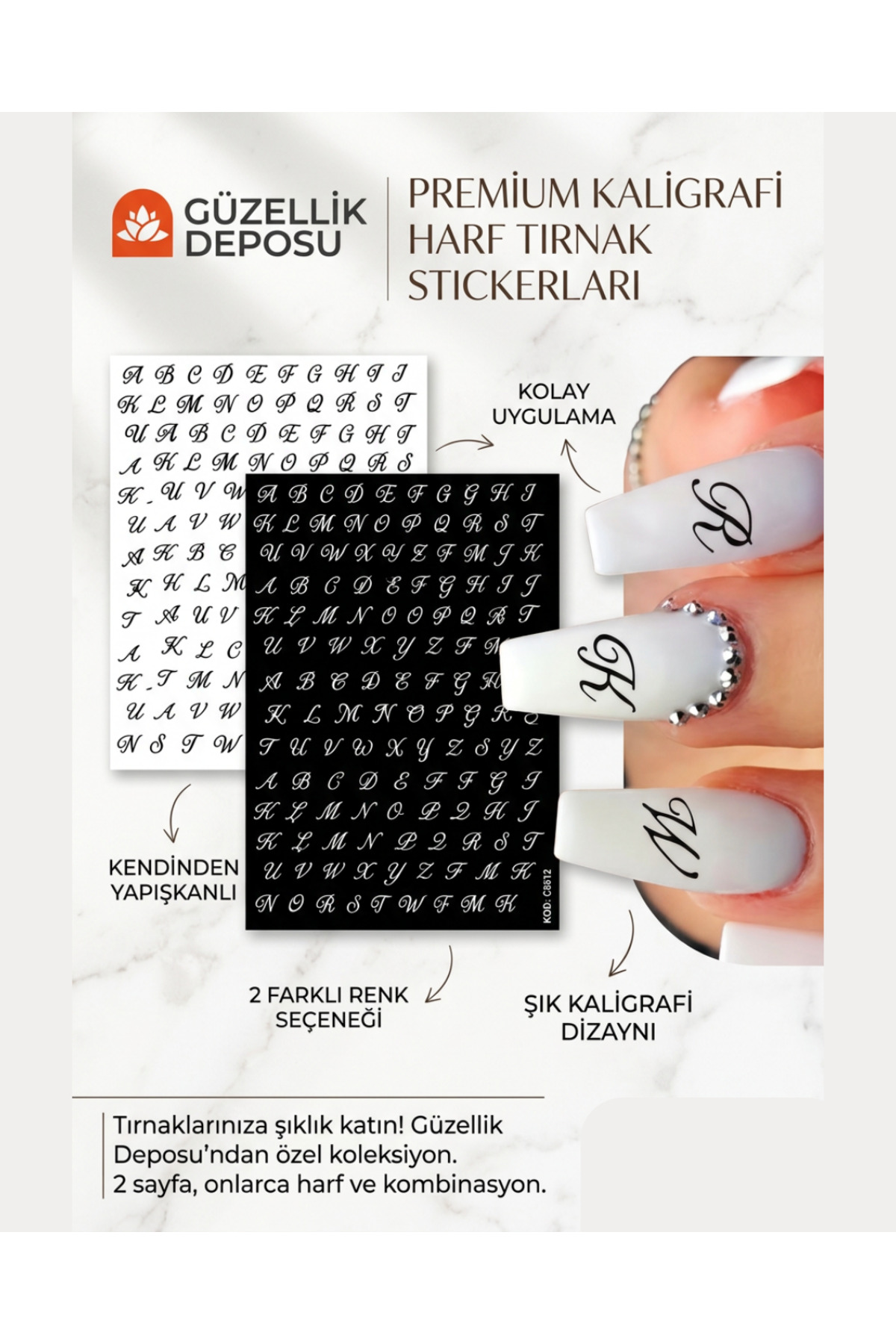 Güzellik Deposu Kaligrafi Harf Tırnak Sticker Seti - 3 Renk Siyah Beyaz Gold Kendinden Yapışkanlı Nail Art Charm