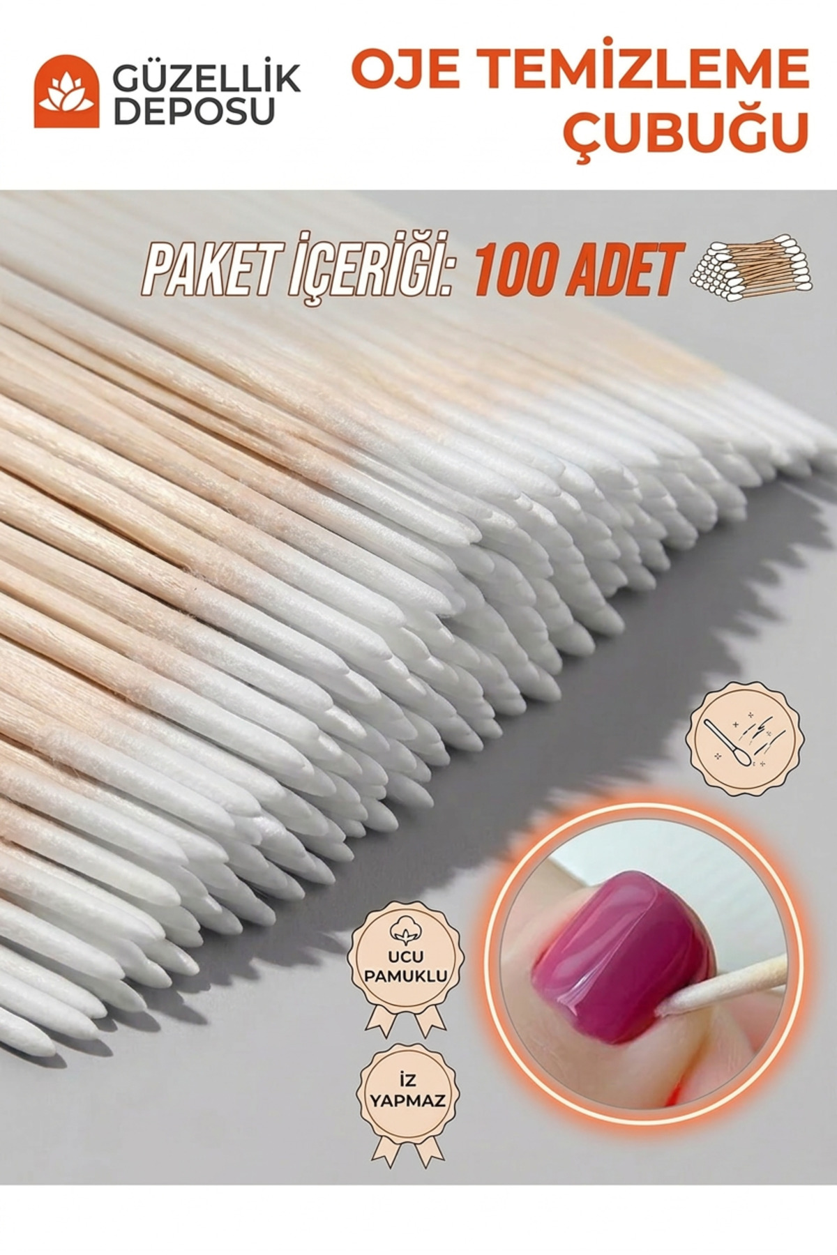 Güzellik Deposu Pamuklu Kalıcı Oje Temizleme ve Düzeltme Çubuğu Portakal Çubuğu - 100 Adet