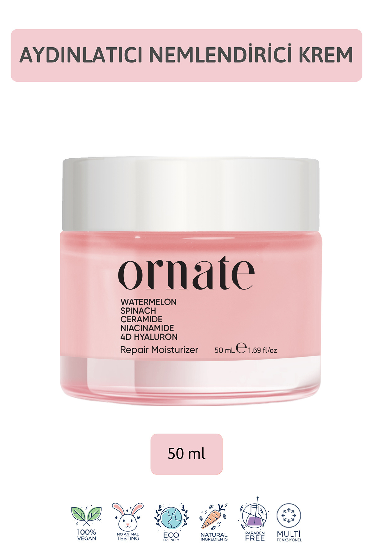 ORNATE Su Bazlı Nemlendirici Ispanaklı Aydınlatıcı Yüz Kremi, Hyaluronik Asit, Ceramide 50 ml Tüm Cilt Tipleri