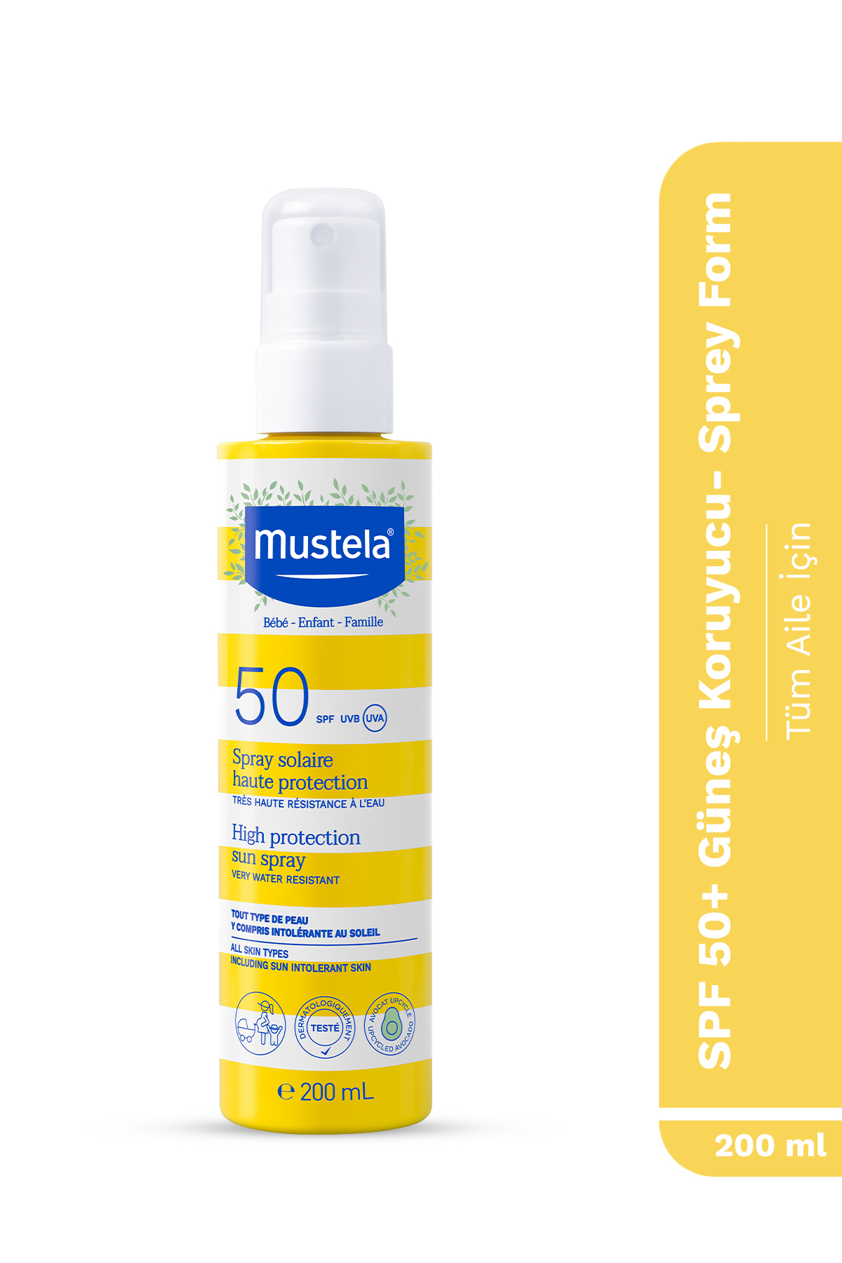 Mustela SPF 50+ Yüksek Koruma Yüz Vücut Güneş Sprey Suya Dayanıklı Tüm Ciltler ve Aile İçin 200ml
