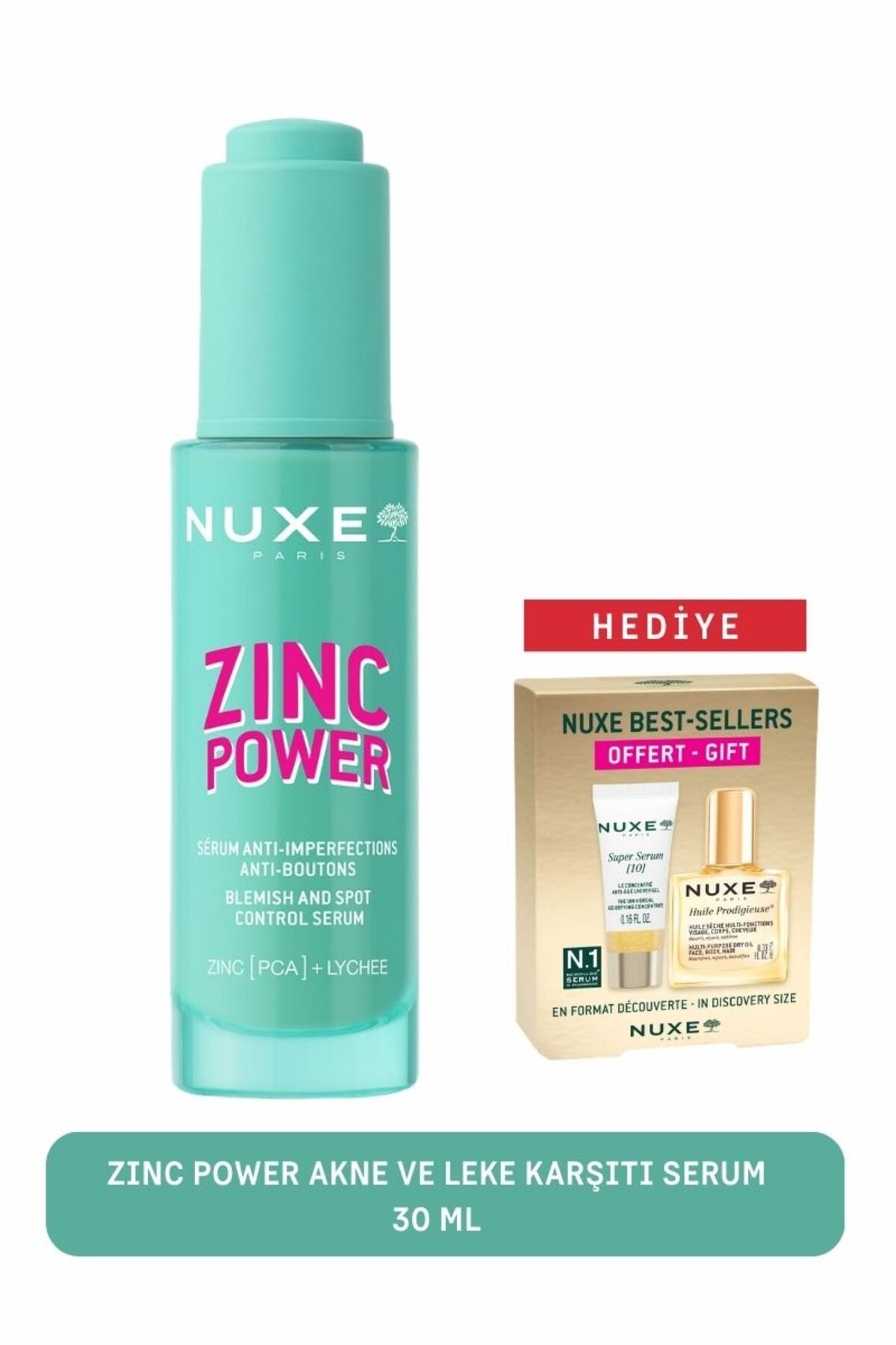 Nuxe Zinc Power Akne ve Leke Karşıtı Serum 30 ML - Hediye Bakım Kiti (Süper Serum+ Kuru Yağ)