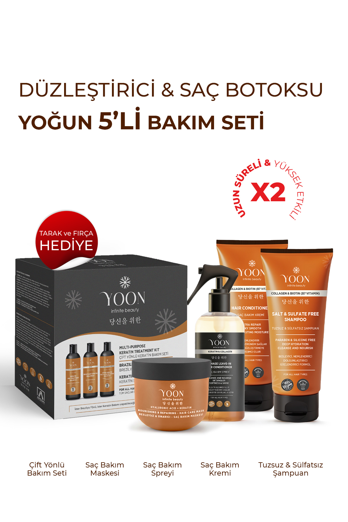 YOON 5'li Yoğun Saç Bakım Seti, Düzleştirici & Saç Botoxu, Tuzsuz Şampuan, Bakım Spreyi, Maske ve Krem