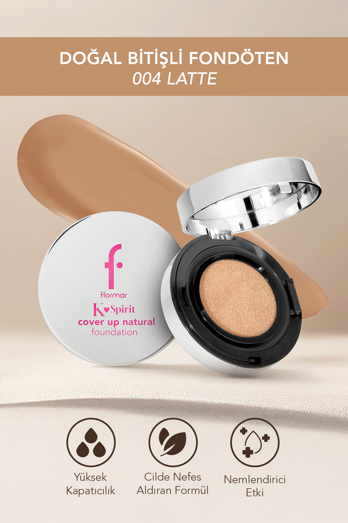 Flormar K-Spirit Cover Up Yoğun Kapatıcı Pürüzsüz Doğal Bitişli Cushion Fondöten - 004 Latte