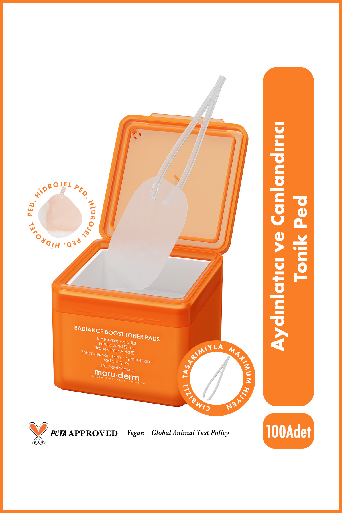 Maru.Derm Aydınlatıcı ve Canlandırıcı Hidrojel Tonik Ped 100 Adet -L-Ascorbic %3, Tranexamic %1, Ferulic %0.5