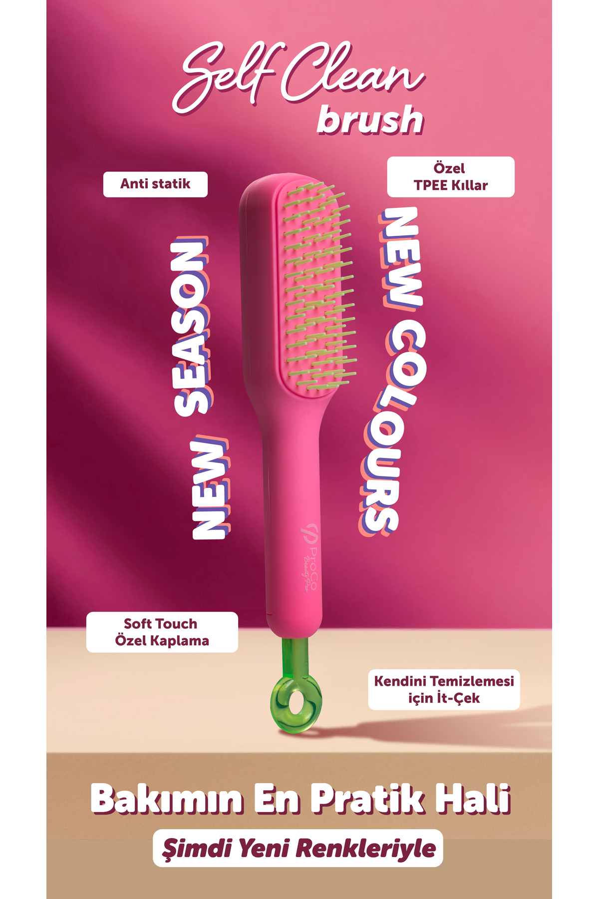 ProCo Beauty Pro SelfCleanBrush - Saç Açma Tarama Masaj Fırçası- Kendini Temizleyen Saç Fırçası